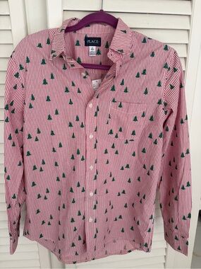 CHILDRENS PLACE MENS Red Striped Button-Up Shirt with Green Tree Print Size S